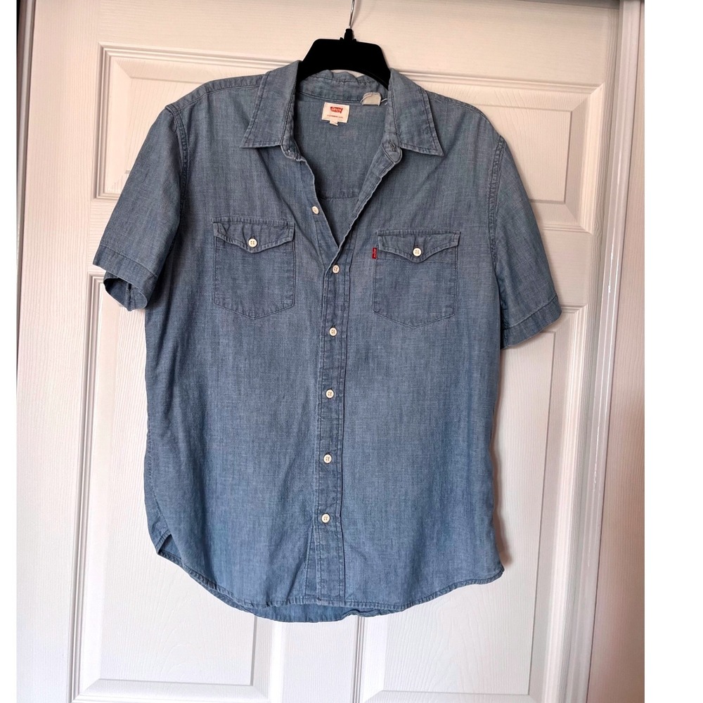 Levis Womens Short Sleeve Chambray Button Down Shirt Light Blue Large